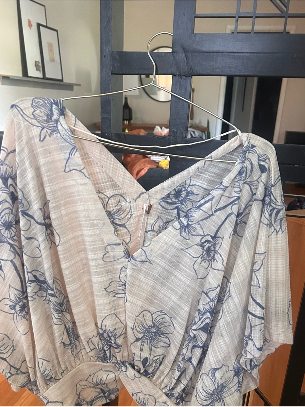 Free People Beige Floral V-Neck Blouse with Navy Print
